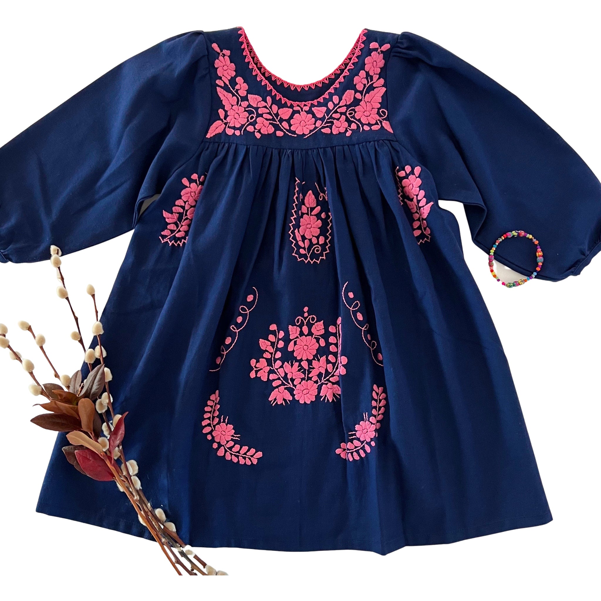 Girls Long Sleeve Autumn Dress with Pink Embroidery