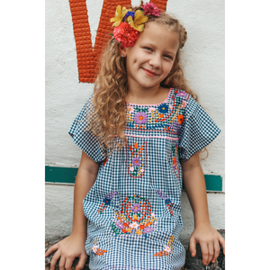 Girls Merida Dress, Navy Gingham with Multicolor Hand Embroidery