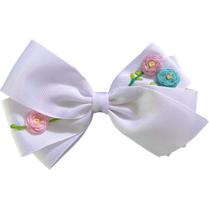 Hand Embroidered Hair Bow, Pink & Turq Flowers