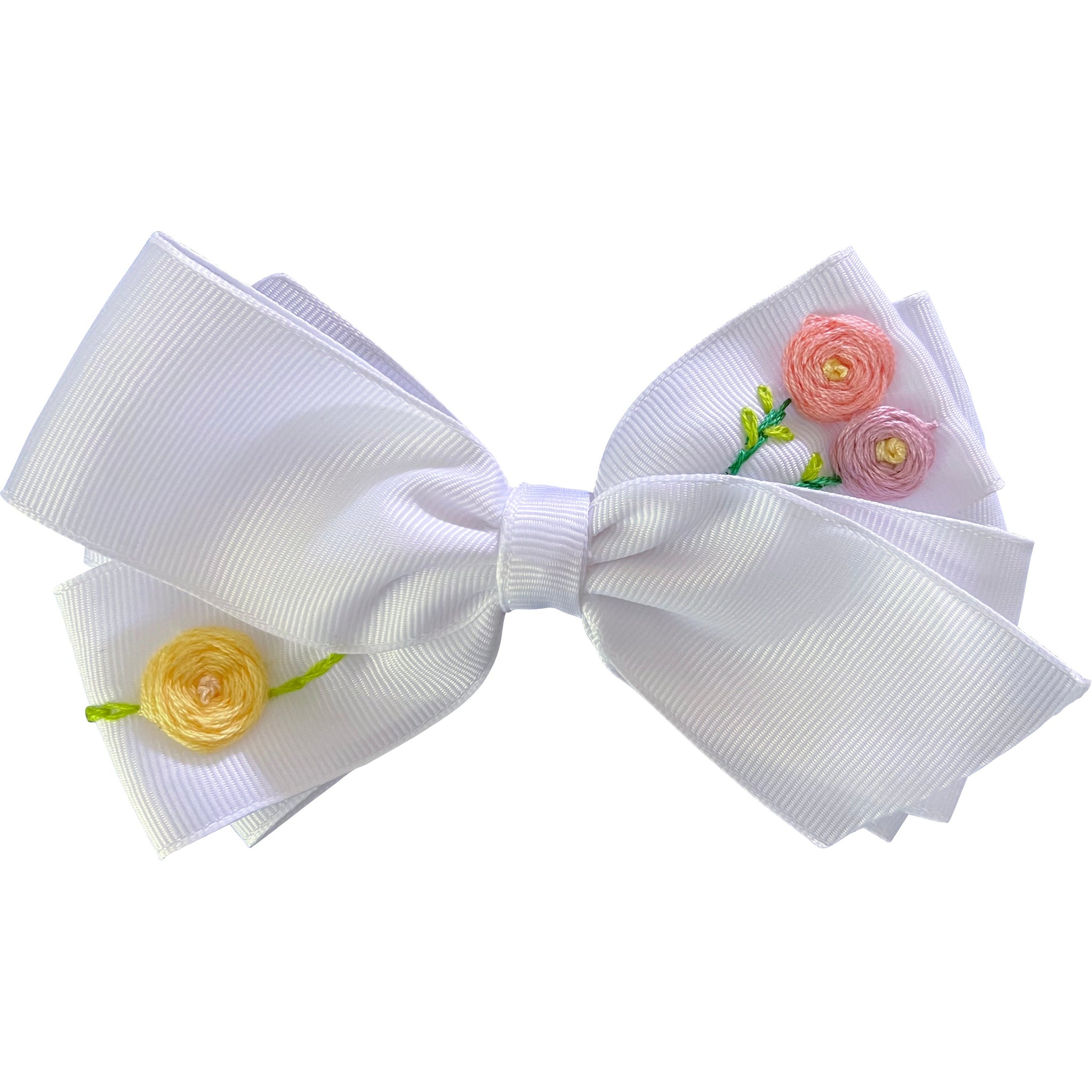 Hand Embroidered Hair Bow, Pink & Yellow Flowers