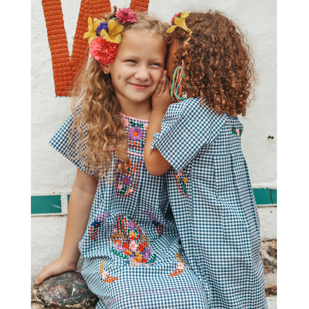 Girls Merida Dress, Navy Gingham with Multicolor Hand Embroidery